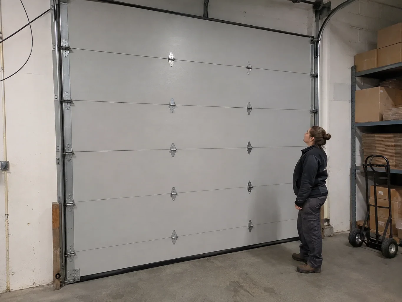 A person looks at a tall closed sectional door with broad panels, hinges and side tracks in a warehouse.