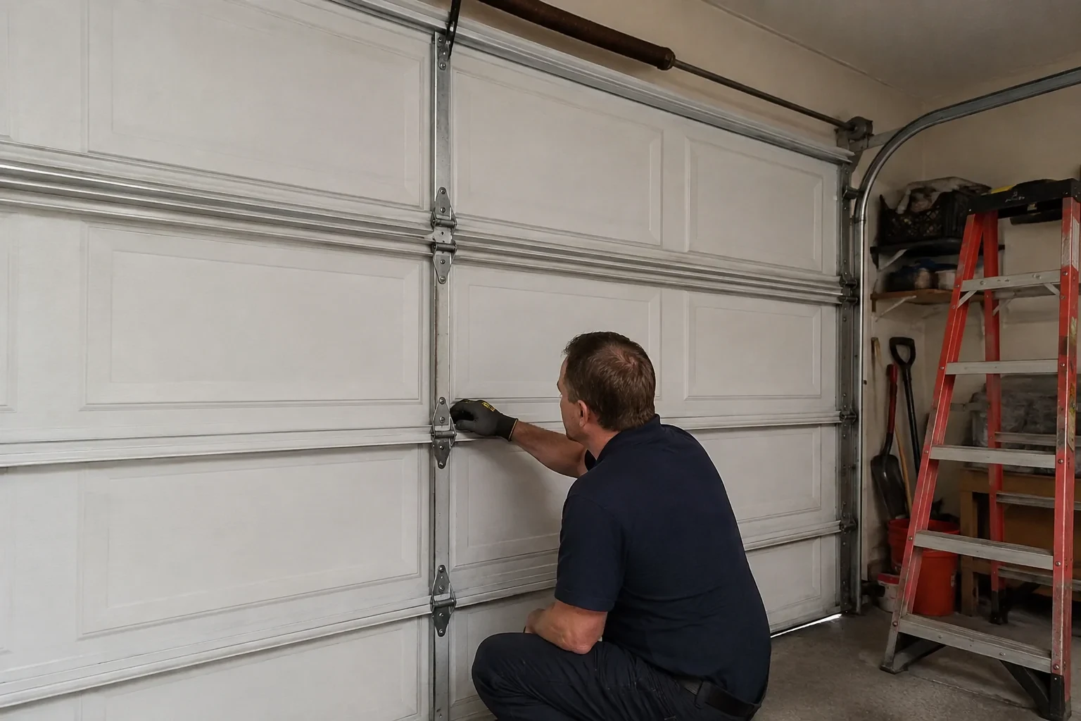 A person examines a central hinge joining two sections of a closed garage door.