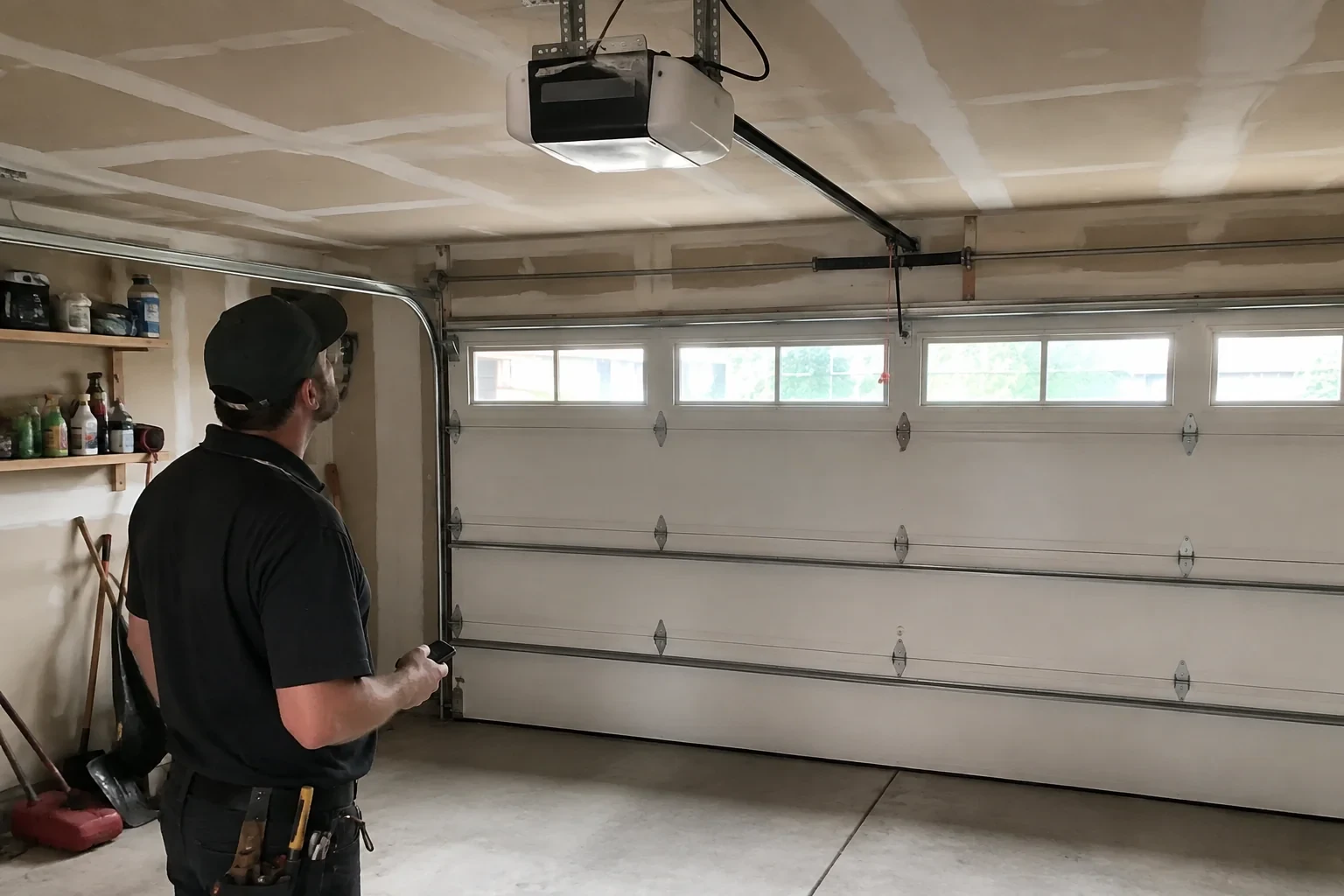 A person looks at an overhead opener above a closed garage door with a row of windows.
