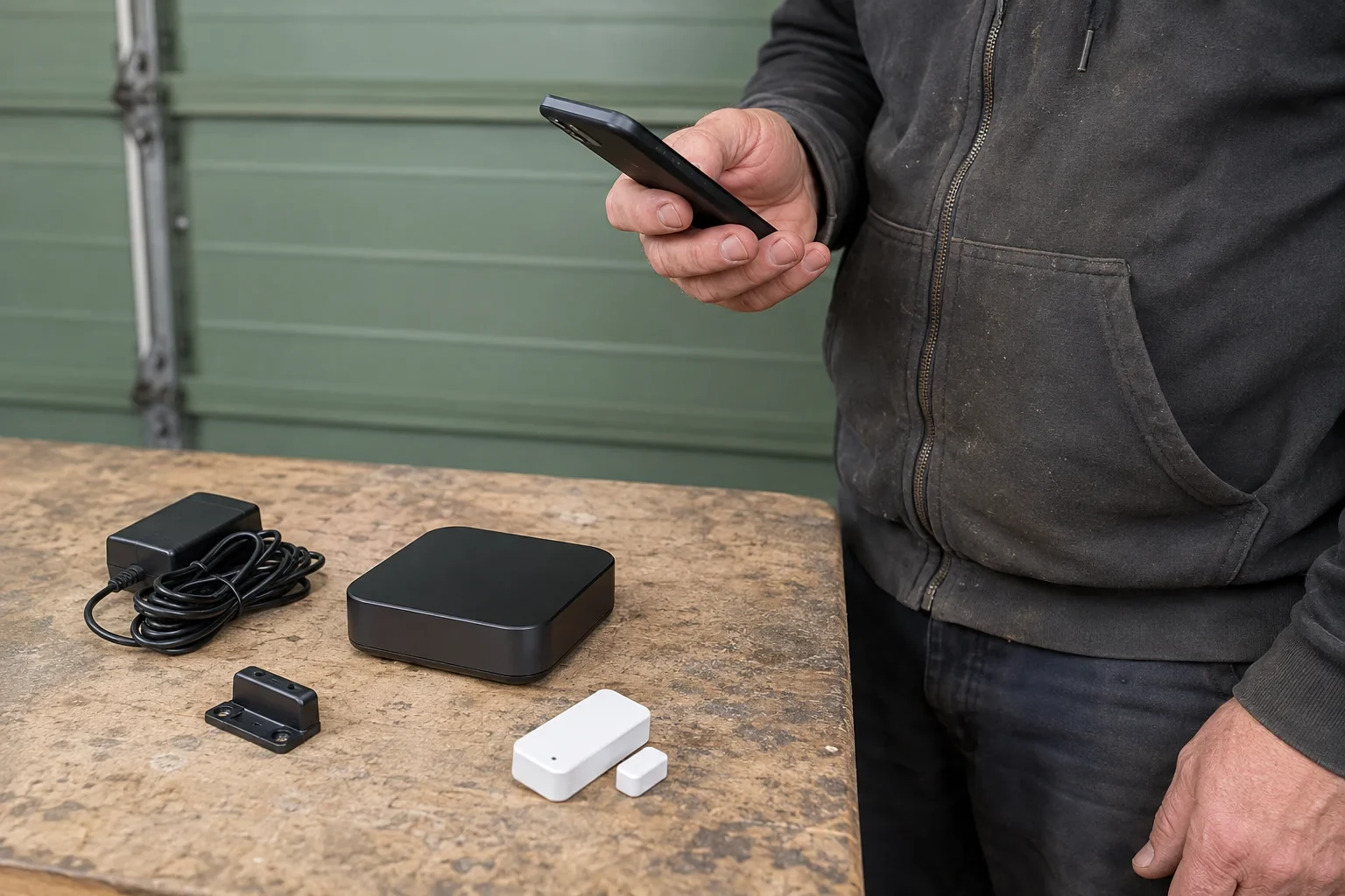 A person holds a phone beside a small controller hub, sensor, power supply and mounting piece on a garage workbench.